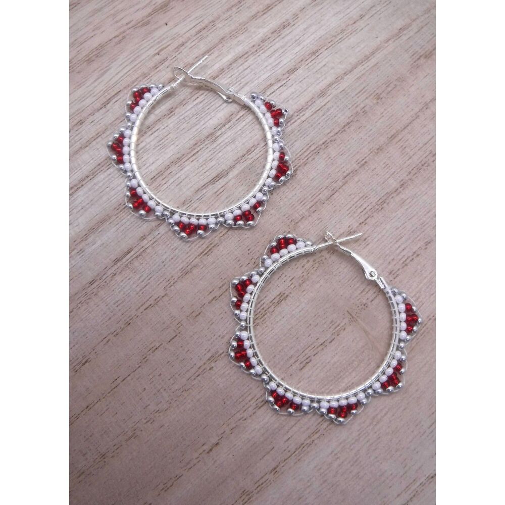 Earrings Beaded Silver Hoops